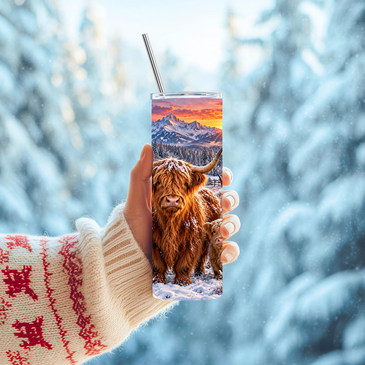 Highland Cow Cup, 20 Oz Skinny Tumbler, Snowy Mountain Cabin Gift