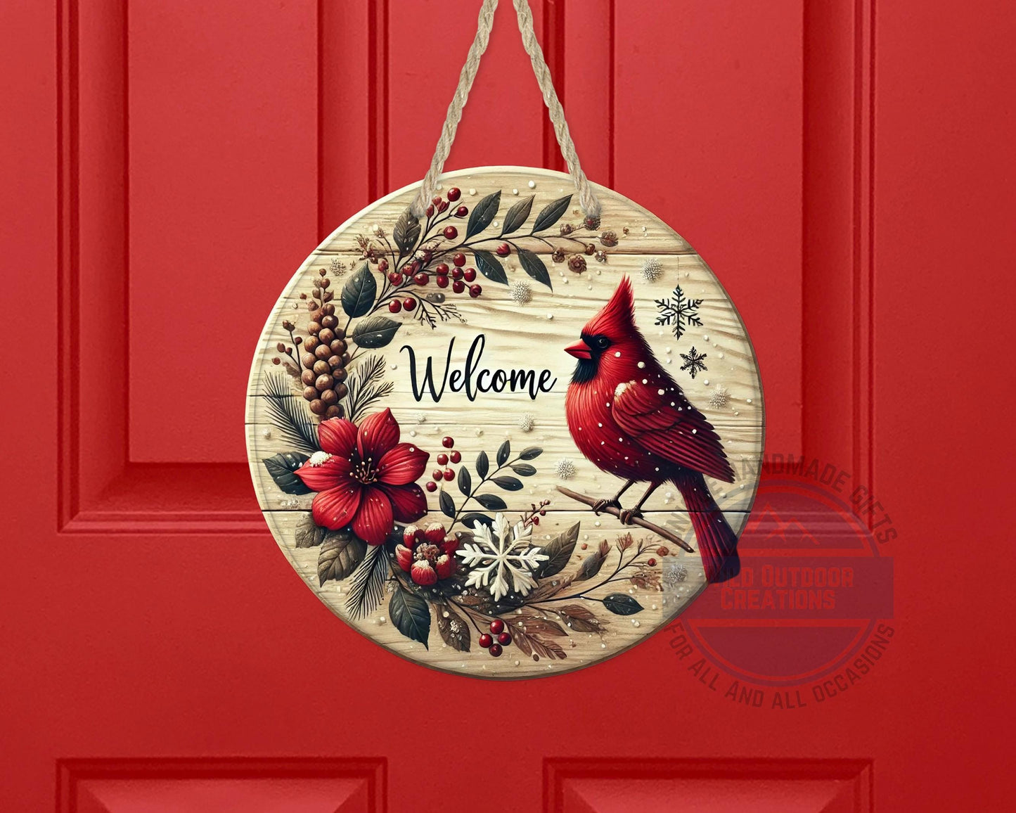 Cardinal Door Hanger - Winter Floral Wreath | Lightweight Aluminum Holiday Porch Sign - detail view
