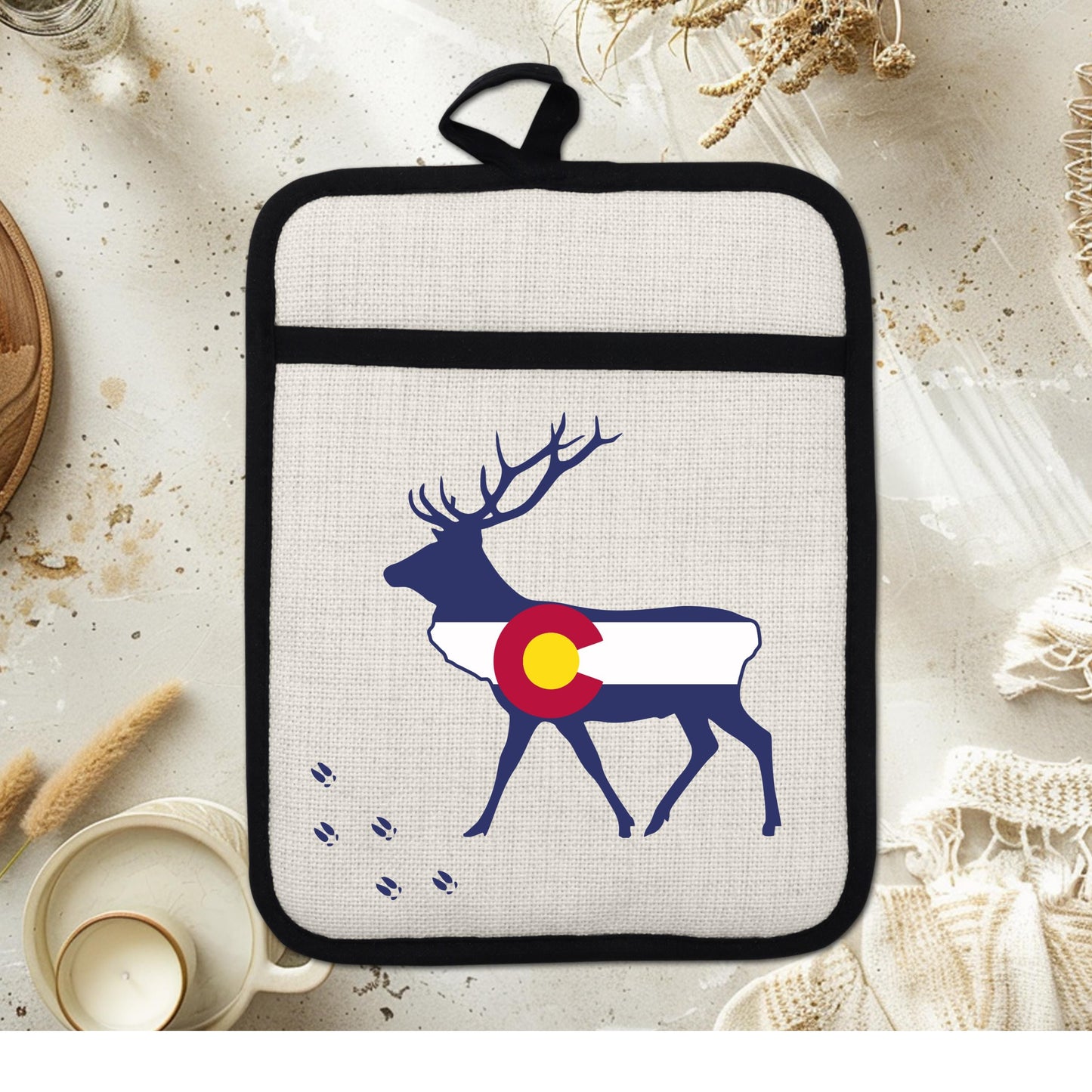 Elk Pot Holder - Colorado Linen With Silicone Back, Heat Resistant Trivet 9x7 Inches - packaging and presentation