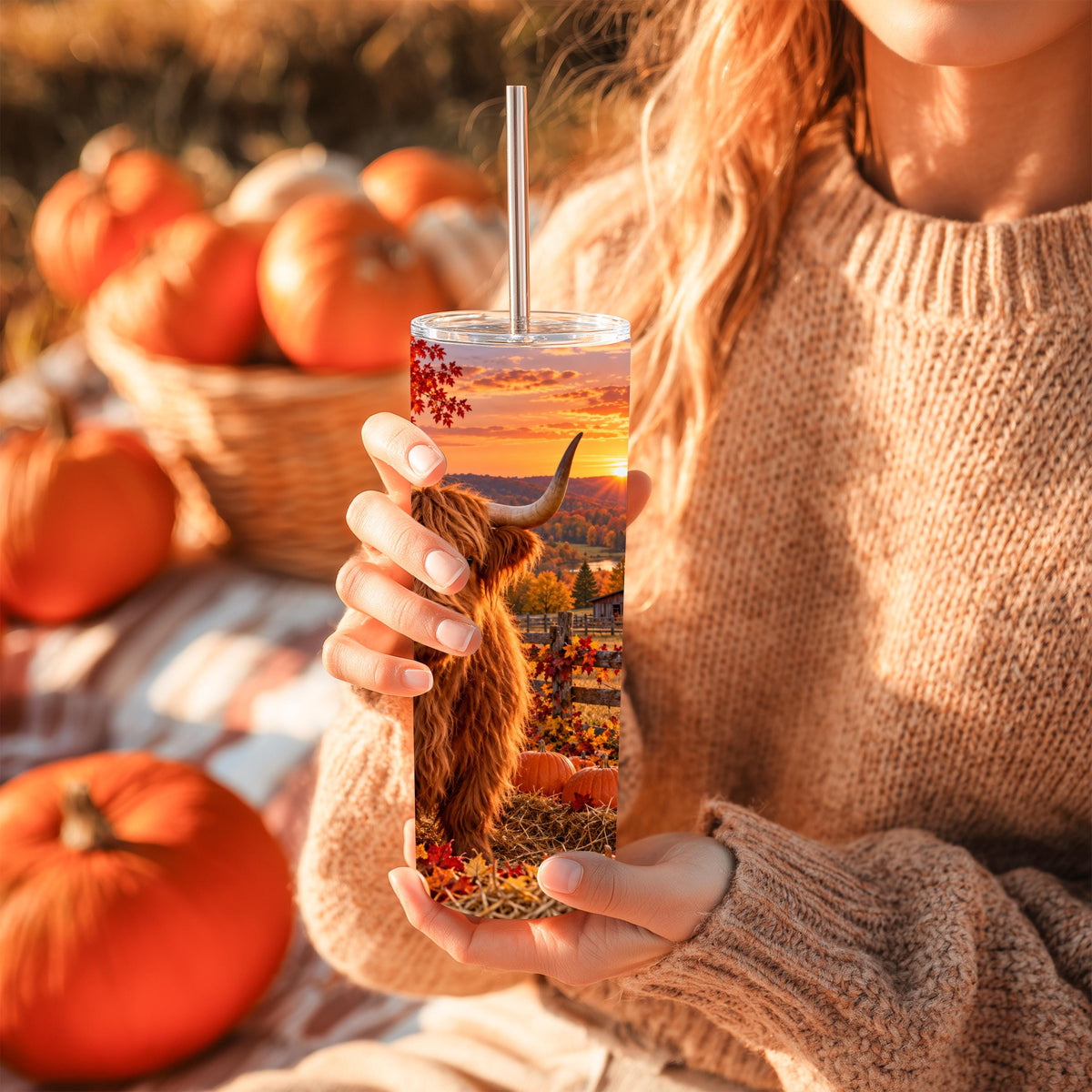 20 Oz Skinny Tumbler, Highland Cow Fall Pumpkin Patch, Red Barn
