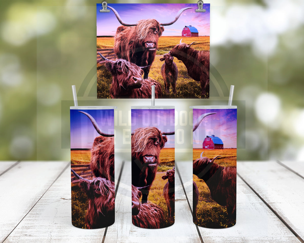 Highland Cow Tumbler, Farm Scene Travel Cup, Stainless Steel, 20Oz