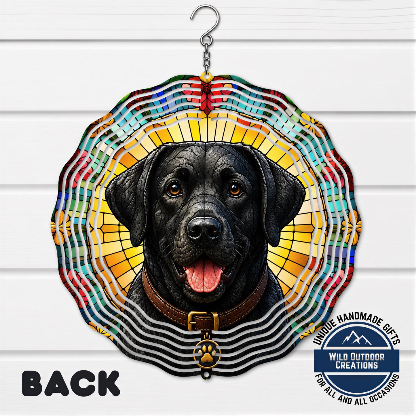 Black Lab Wind Spinner - 10 Inch Faux Stained Glass Spiral Garden Decor
