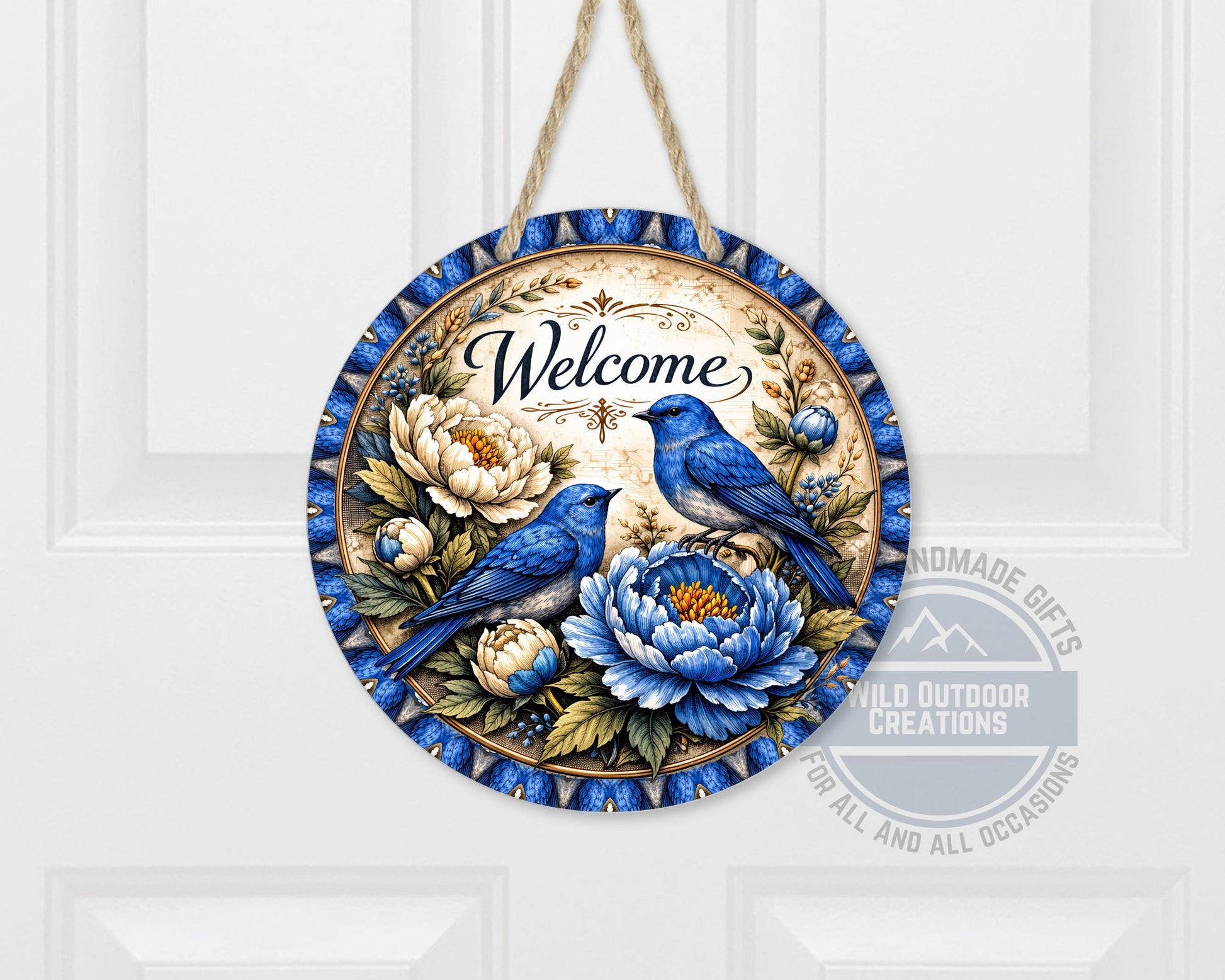 Bluebird Welcome Sign - Round Door Hanger With Floral Porch Decor, UV Coated - scale and size reference
