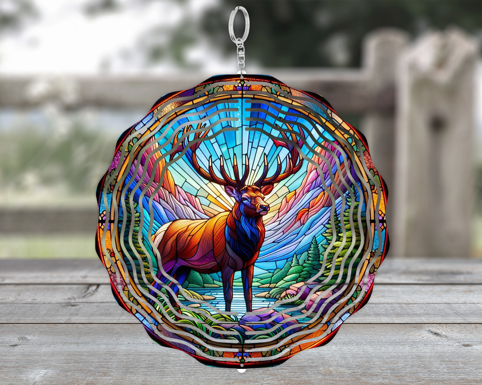 Handcrafted Elk Faux Stained Glass 3D Wind Spinner