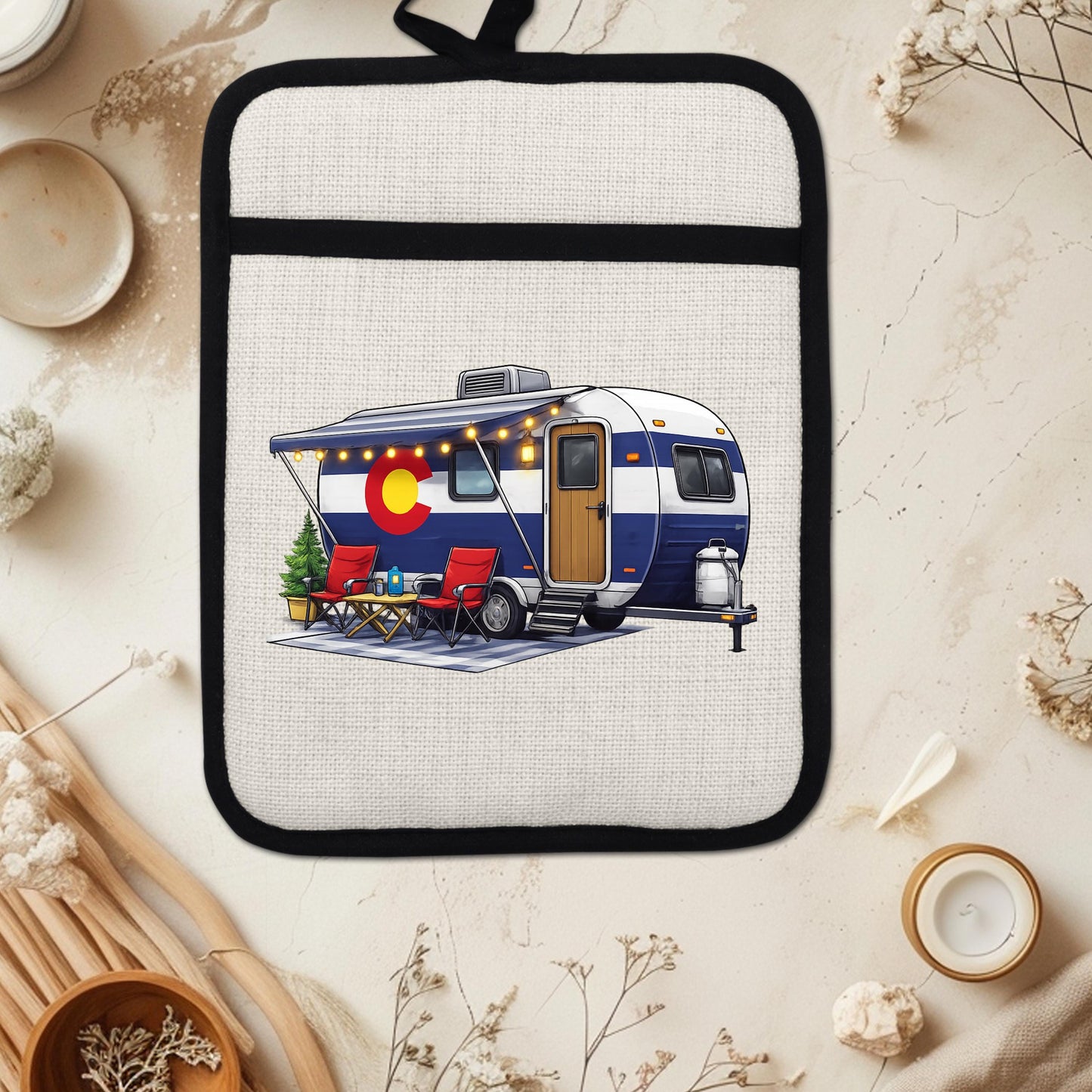 Colorado Camper Pot Holder - Linen Fabric, Silicone Heat Trivet With Loop - detail view