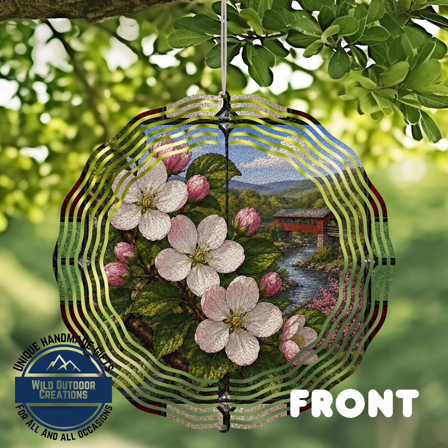 Apple Blossom Wind Spinner - Arkansas State Flower Stained Glass Style Outdoor Decor