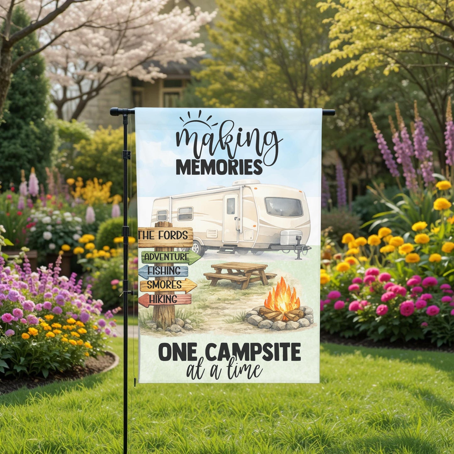 Personalized Camper Flag - Custom Travel Trailer Garden Flag 12x18 UV Protected - lifestyle display