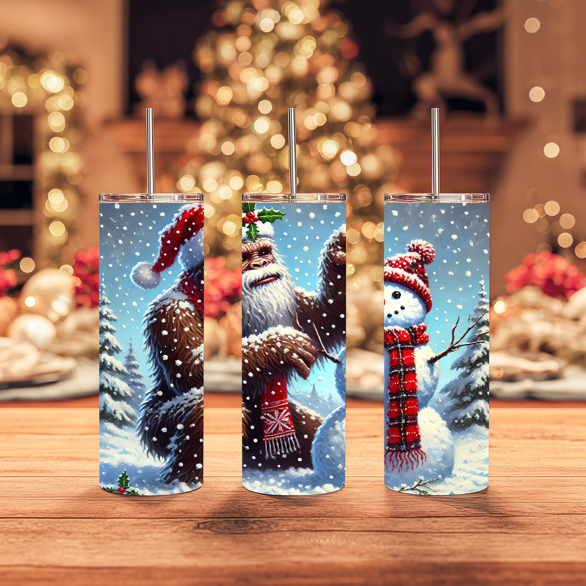 Bigfoot Tumbler, Sasquatch Santa Hat Scene, 20 Oz Skinny Wrap