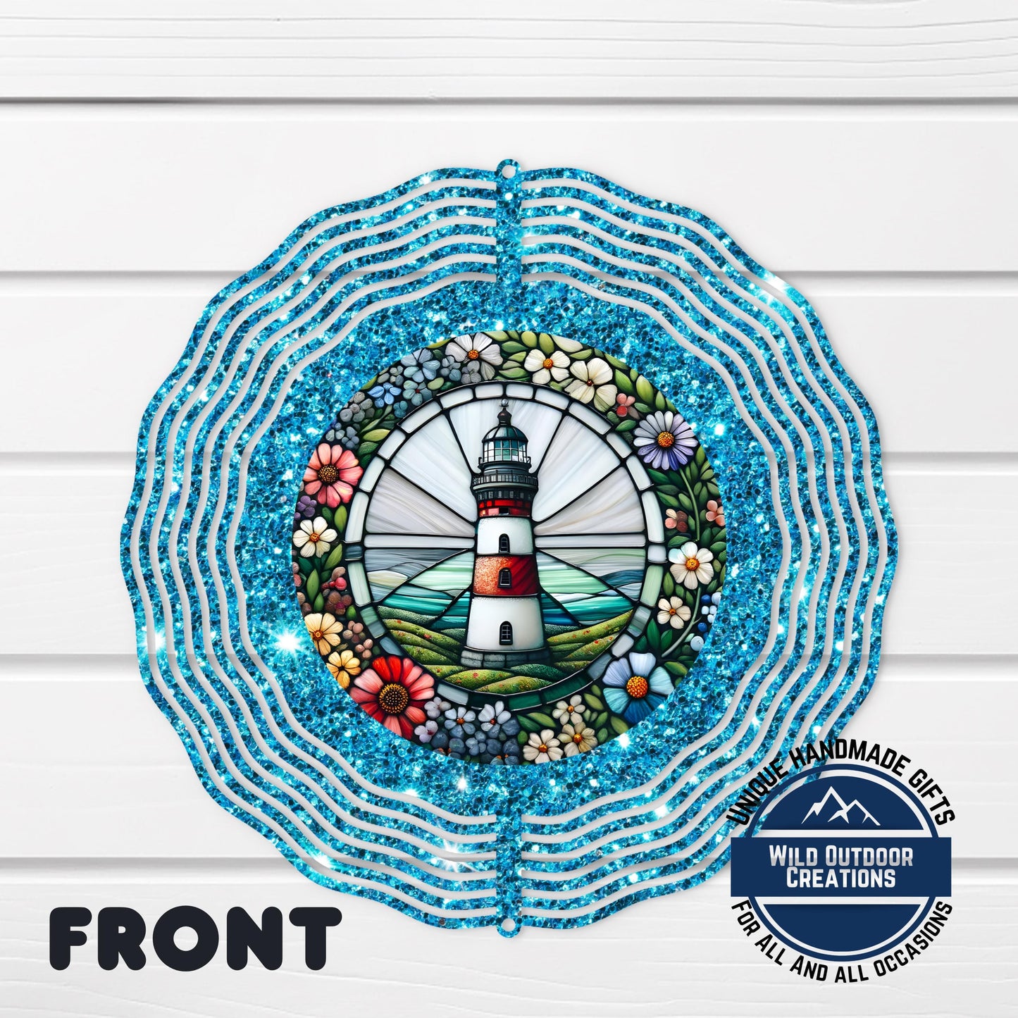 Coastal Lighthouse Wind Spinner – Aluminum Outdoor Garden Decor with Blue Glitter - additional angle