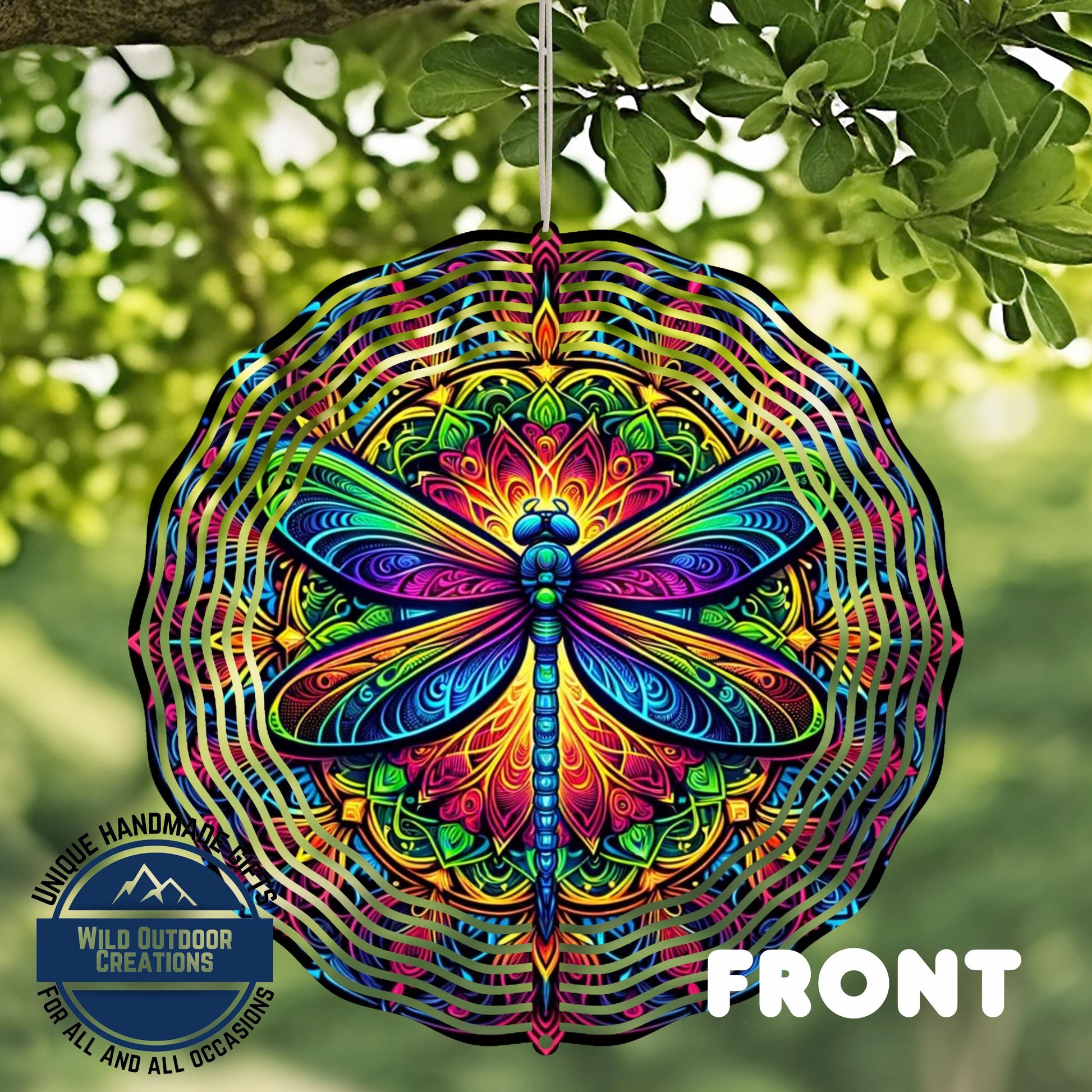 Dragonfly Wind Spinner - Vibrant Rainbow Neon Garden Decor With 360 Degree Swivel - shown spinning in outdoor garden setting