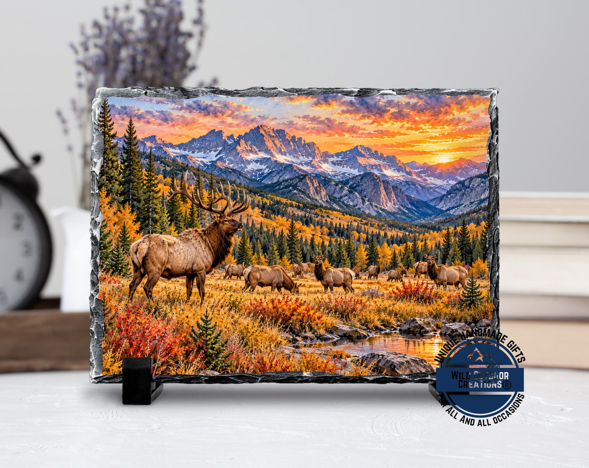 Elk Herd Slate Plaque, Colorado Mountain Wildlife Art, Rustic Fall Cabin Decor