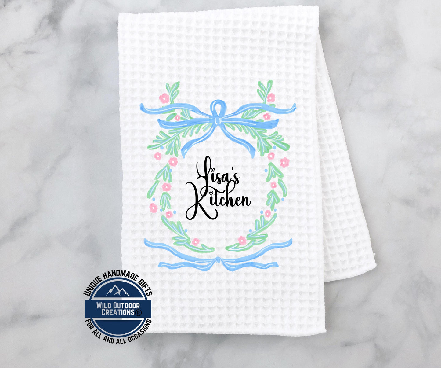 Personalized Kitchen Towel – Custom Name Floral Wreath Waffle Weave Gift - scale and size reference