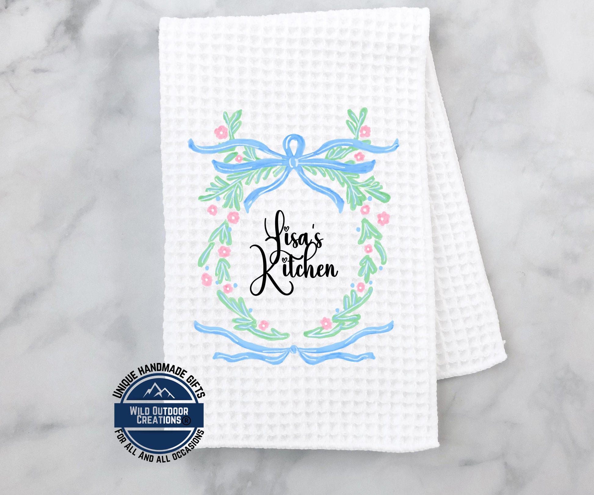 Personalized Kitchen Towel – Custom Name Floral Wreath Waffle Weave Gift - scale and size reference