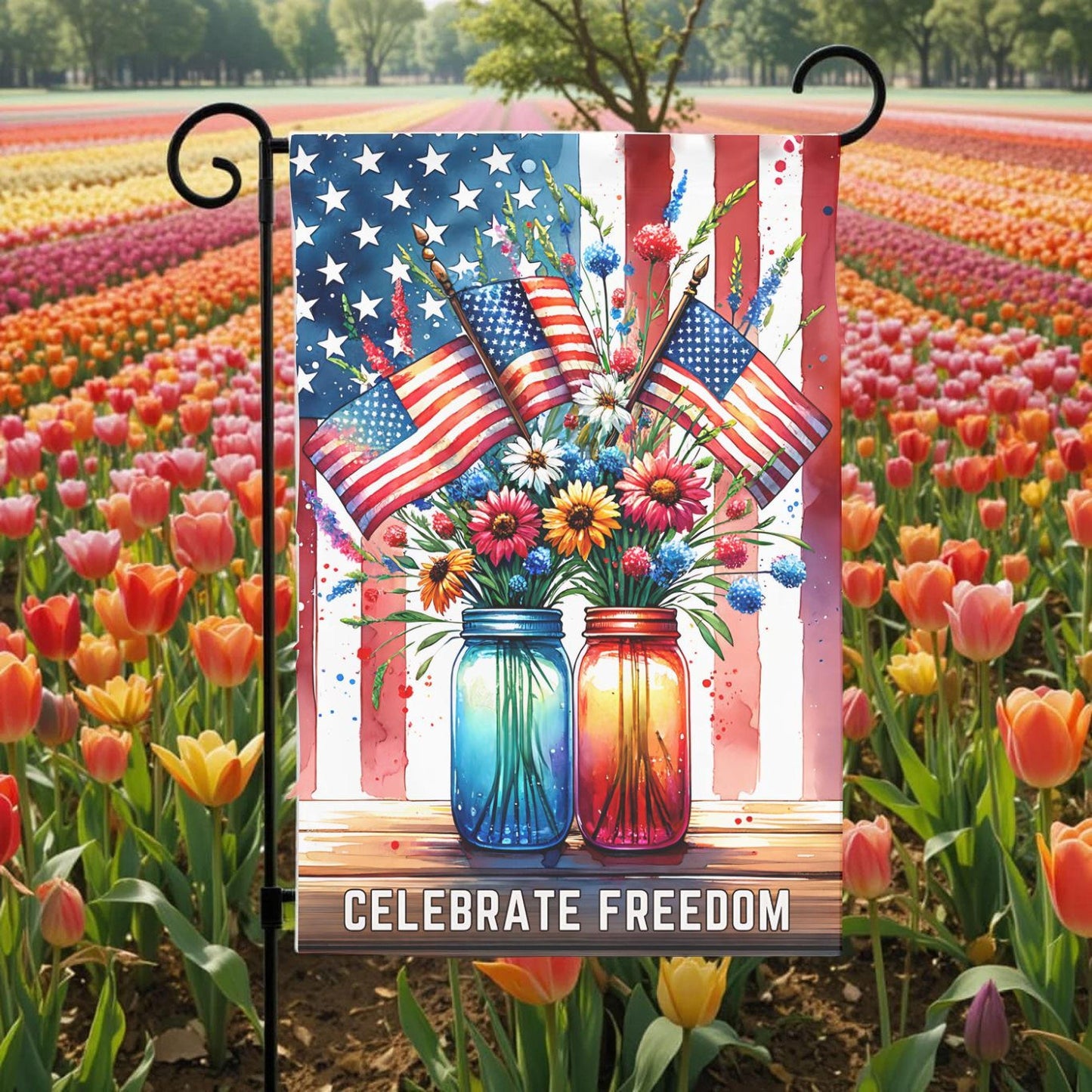 Patriotic Garden Flag – Mason Jar Flowers Floral American 12x18 Outdoor Decor
