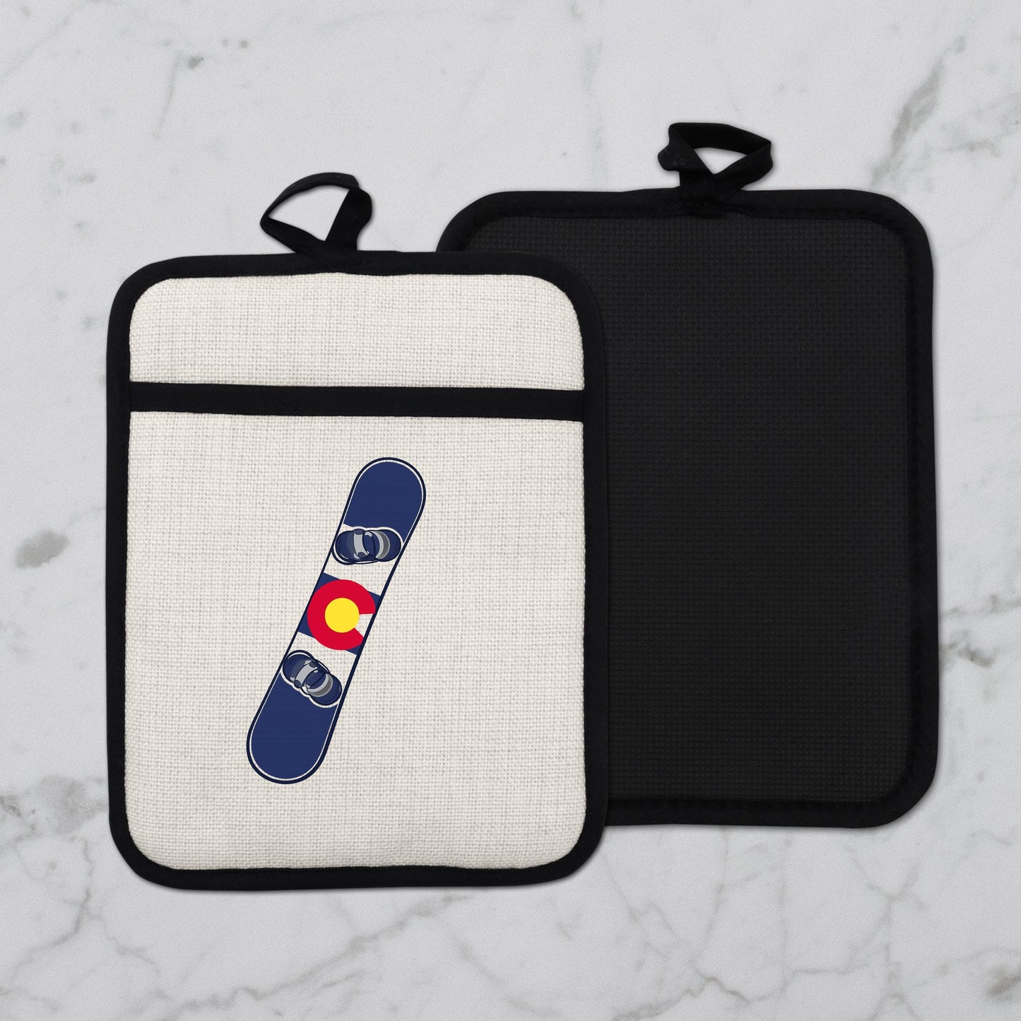 Snowboard Pot Holder - Colorado Flag Design | Linen Fabric & Silicone Backing Pad Trivet - additional product photo 11