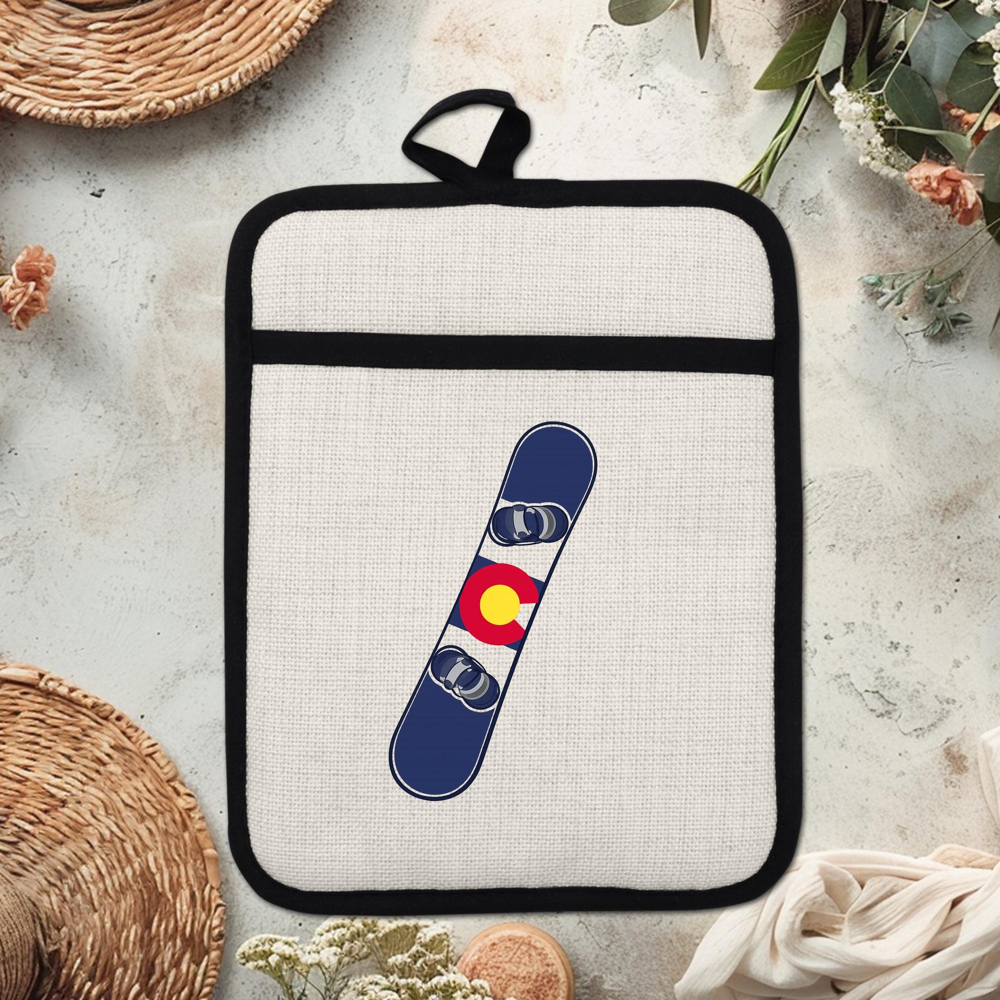 Snowboard Pot Holder - Colorado Flag Design | Linen Fabric & Silicone Backing Pad Trivet - additional product photo 18