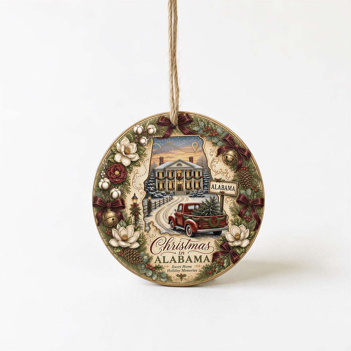 Alabama Christmas Ornament, Vintage Red Truck, Mansion Scene | Ceramic 3 Inch Double-Sided