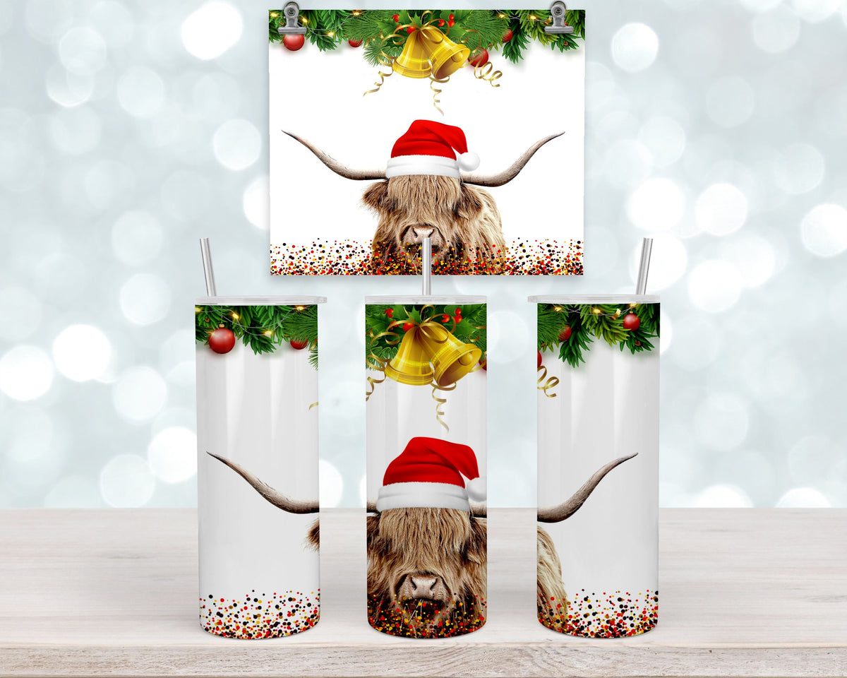Christmas Cow Travel Mug, Highland Cow, 20Oz Stainless Straw Lid