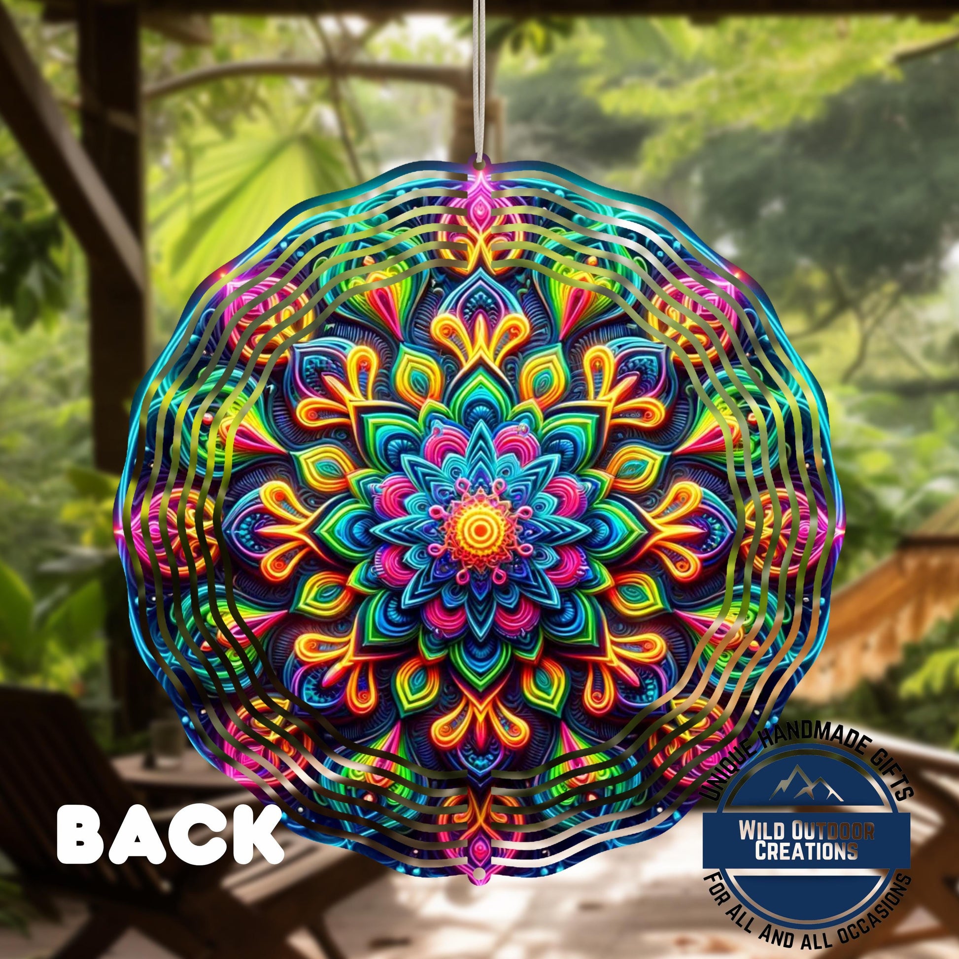 Neon Mandala Wind Spinner - 10 Inch Aluminum Outdoor Wind Spinner with Vibrant Neon Colors - product dimensions and specif...