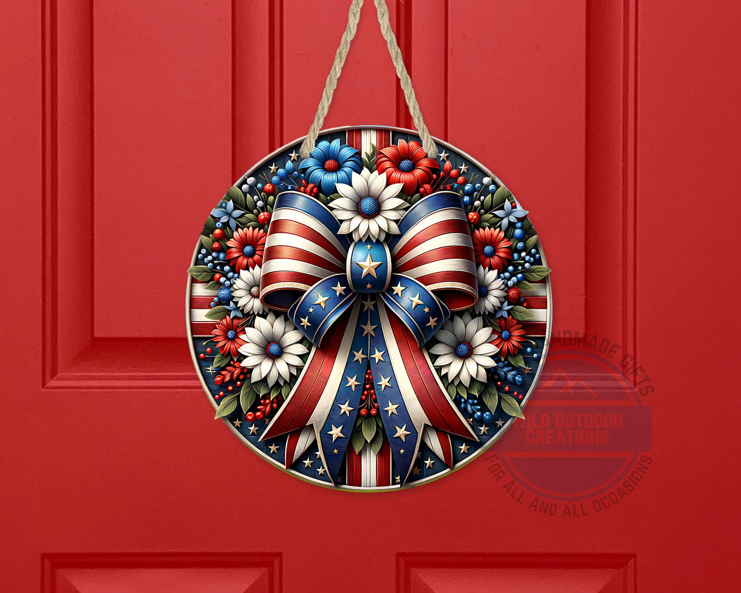 Patriotic Door Hanger – Aluminum Door Sign with American Flag Bow & Floral Design - alternate view