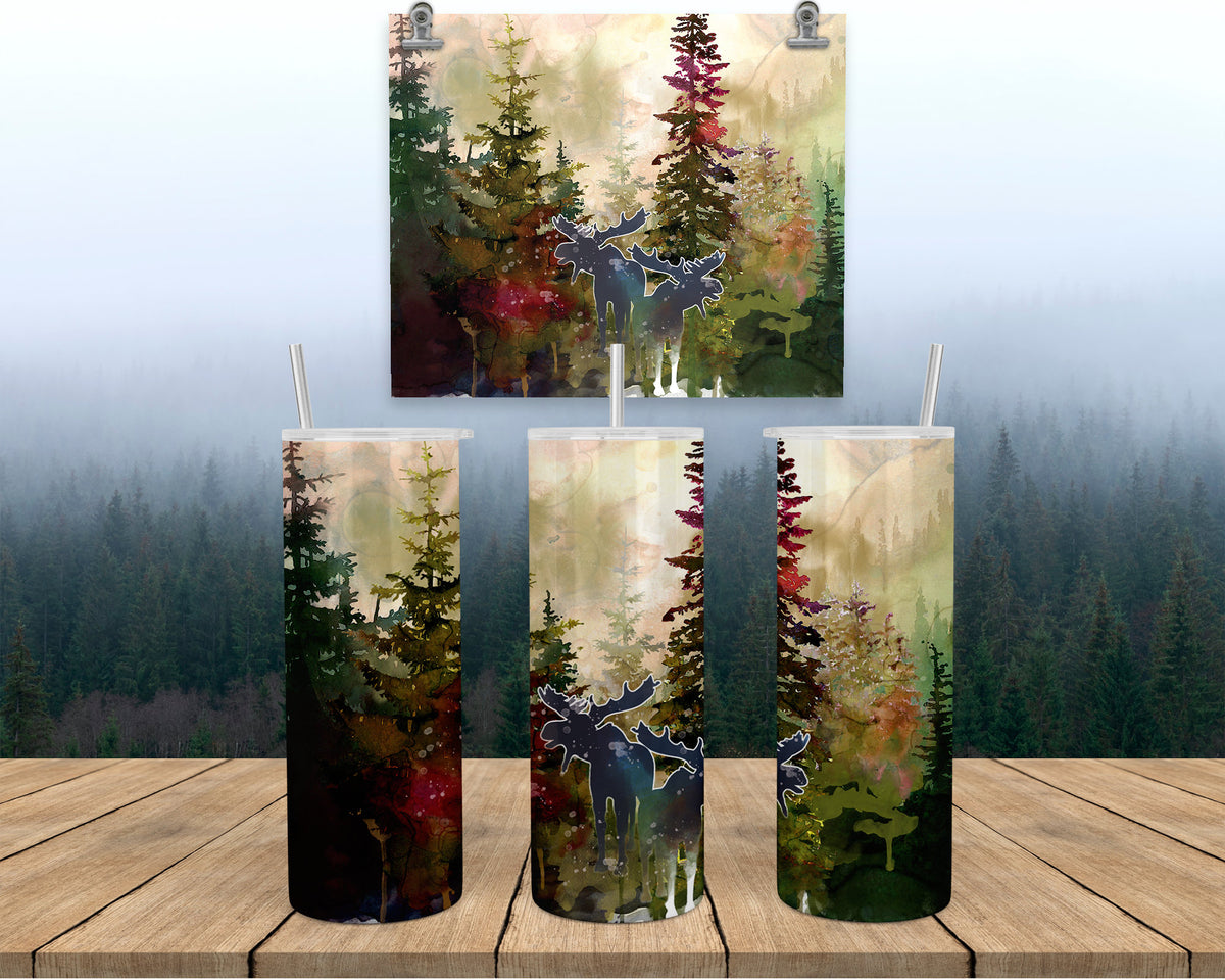 Moose Tumbler| Watercolor Forest Scene, 20Oz Stainless Steel Mug