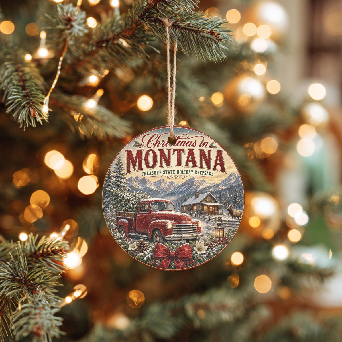 Montana Christmas Ornament, Rustic Cabin Scene | Ceramic, 3 Inch