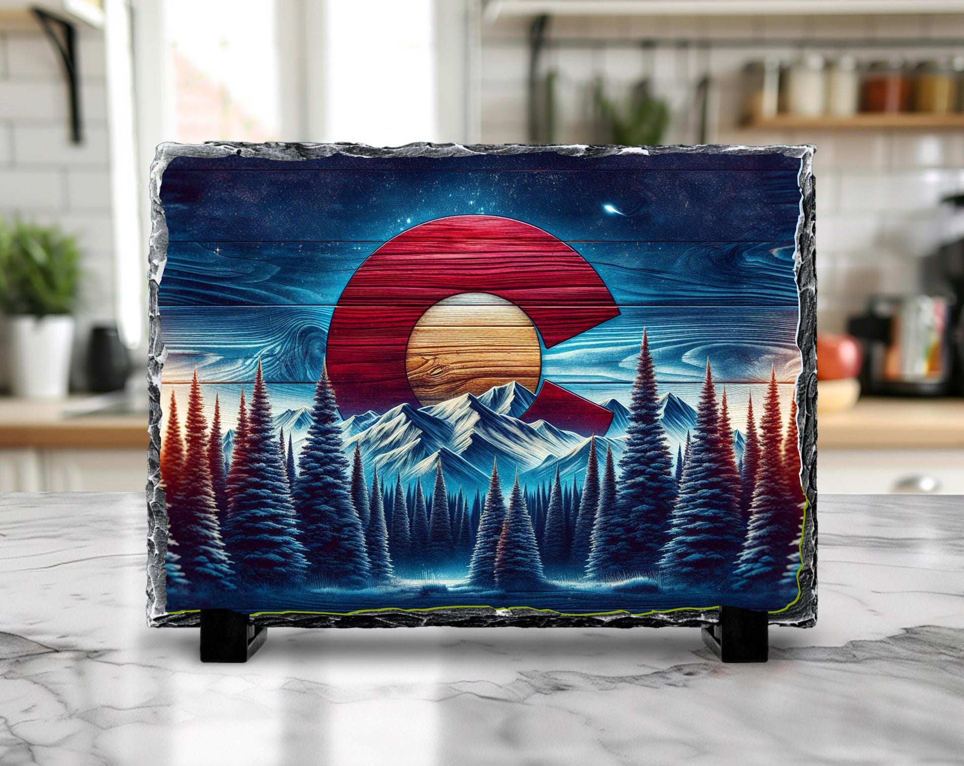 Rustic Slate Plaque | Colorado Mountain Decor - Handcrafted Natural Stone Tabletop Display - lifestyle view