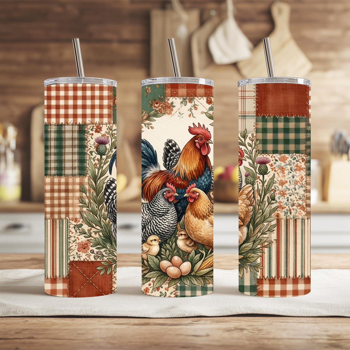 Chicken Tumbler, Rooster Hen Patchwork Quilt, 20 Oz Skinny Gift