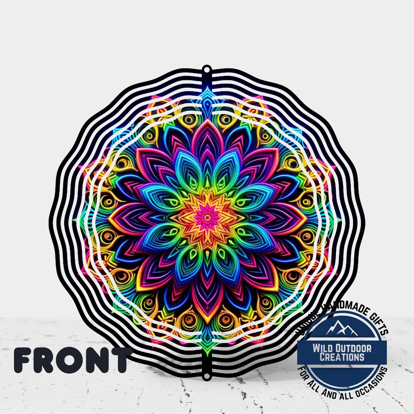 Neon Rainbow Wind Spinner – 10 Inch Mandala Double-Sided Aluminum Yard Art