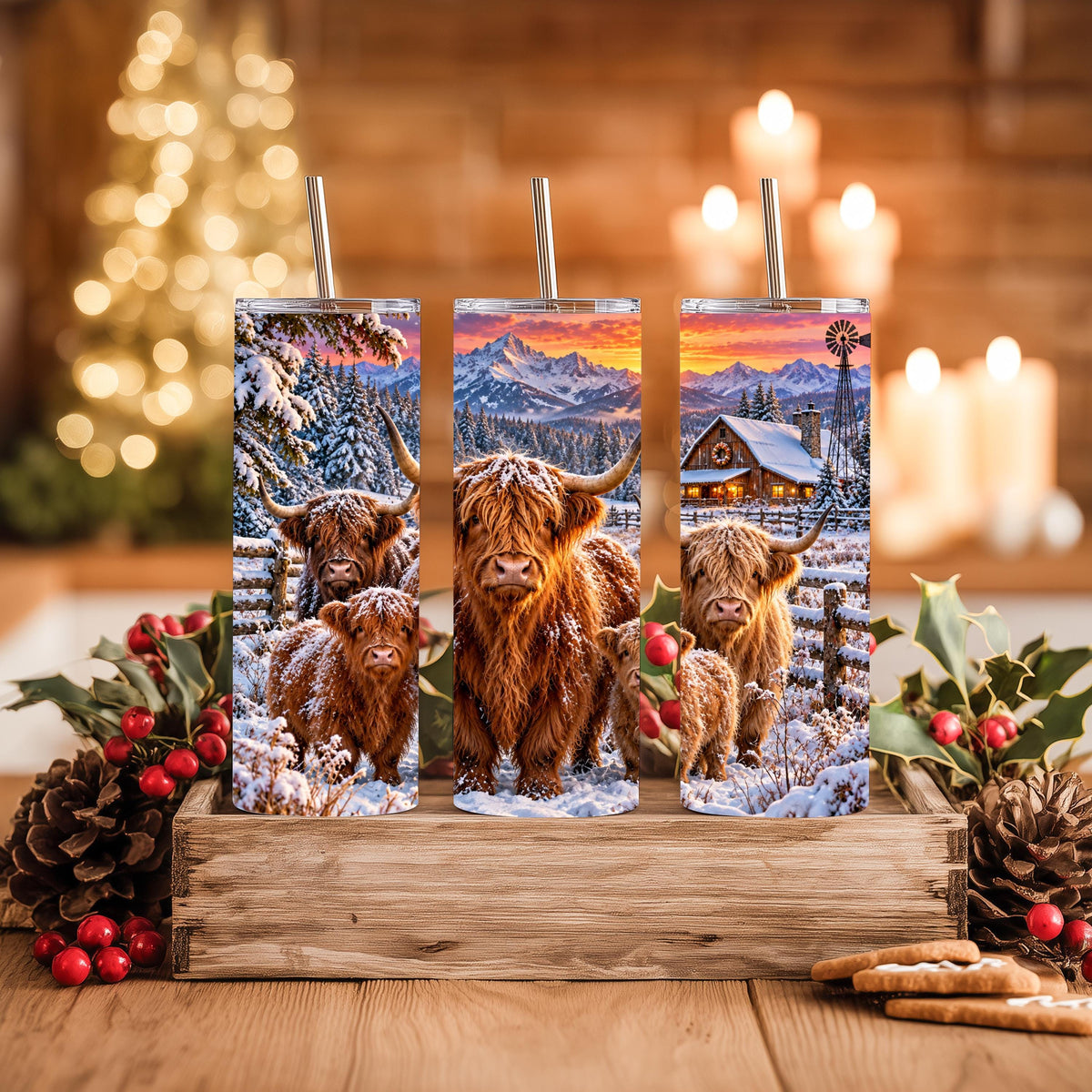 Highland Cow Cup, 20 Oz Skinny Tumbler, Snowy Mountain Cabin Gift
