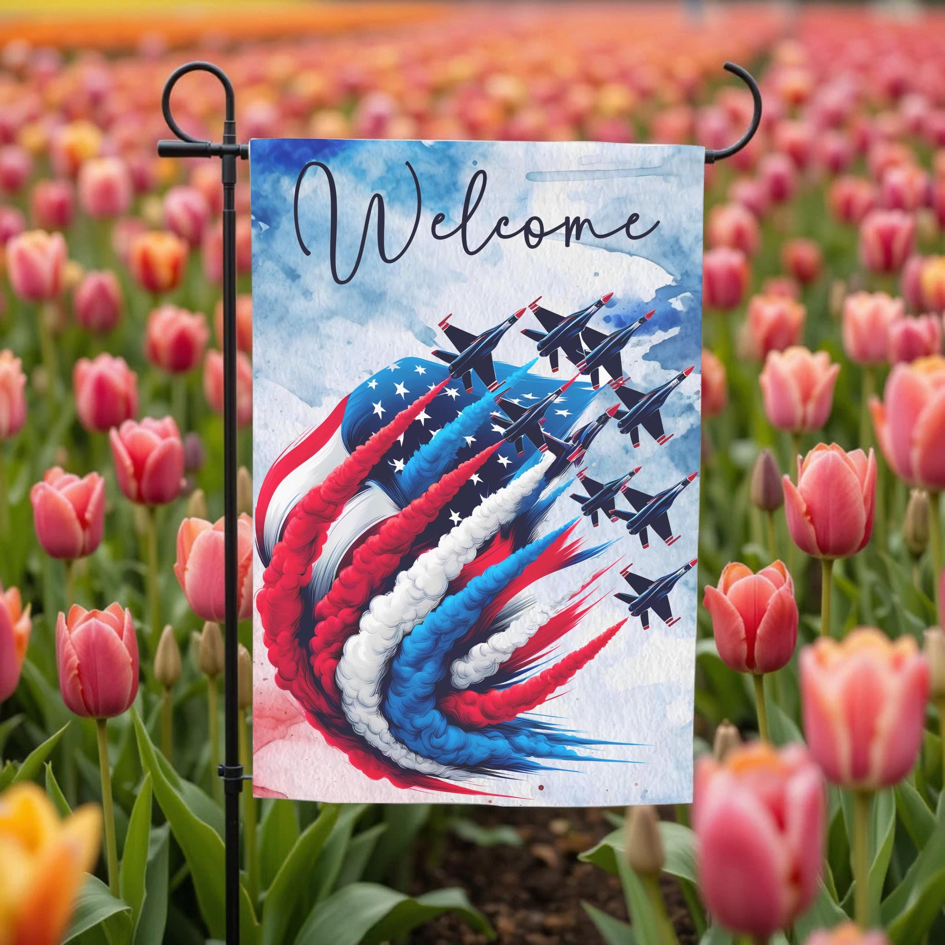 Patriotic Garden Flag - Double Sided 12x18 Red White Blue Fighter Jet Design - close up detail