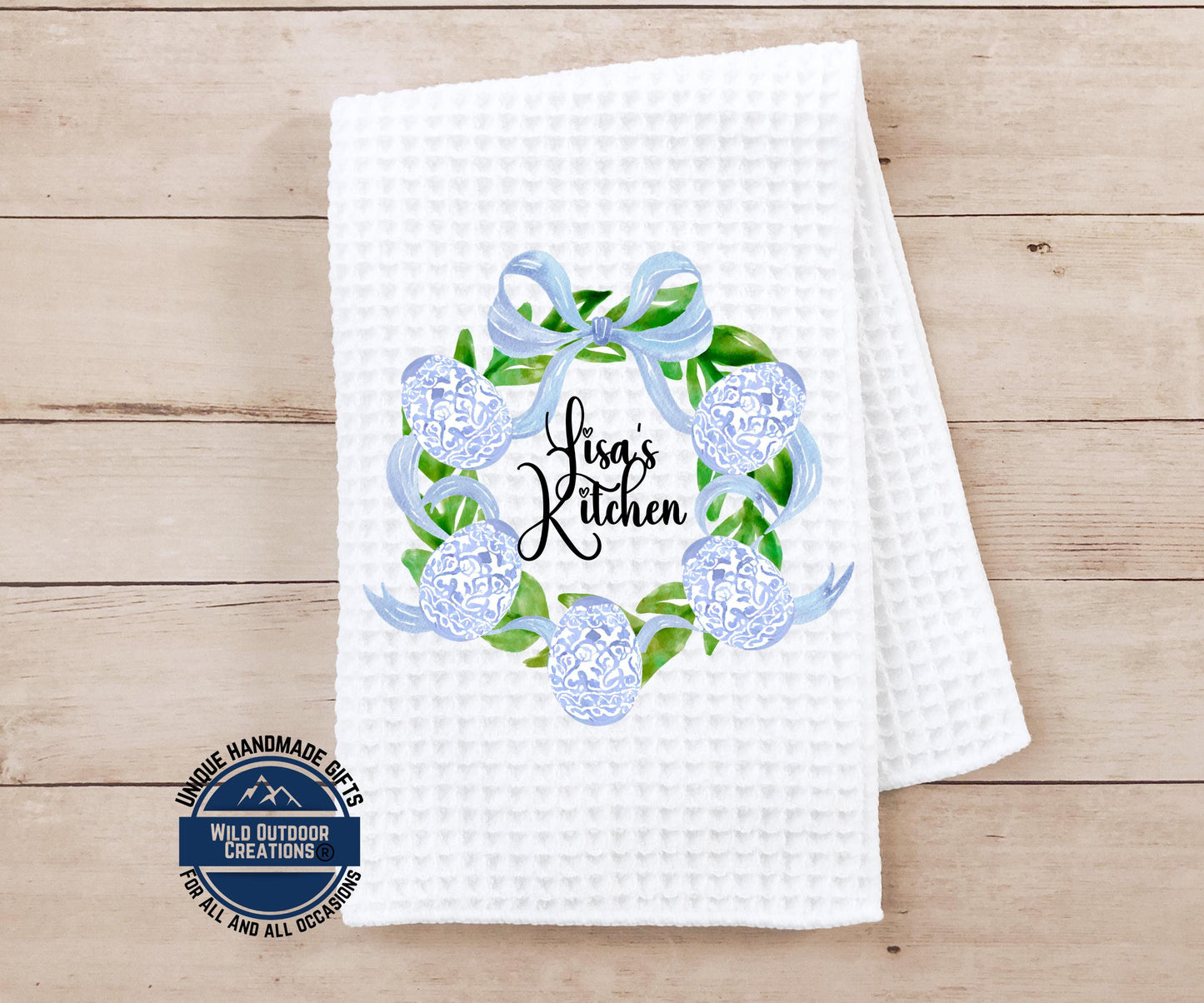 Personalized Easter Towel – Custom Name Kitchen Towel With Blue Chinoiserie Wreath - detail view