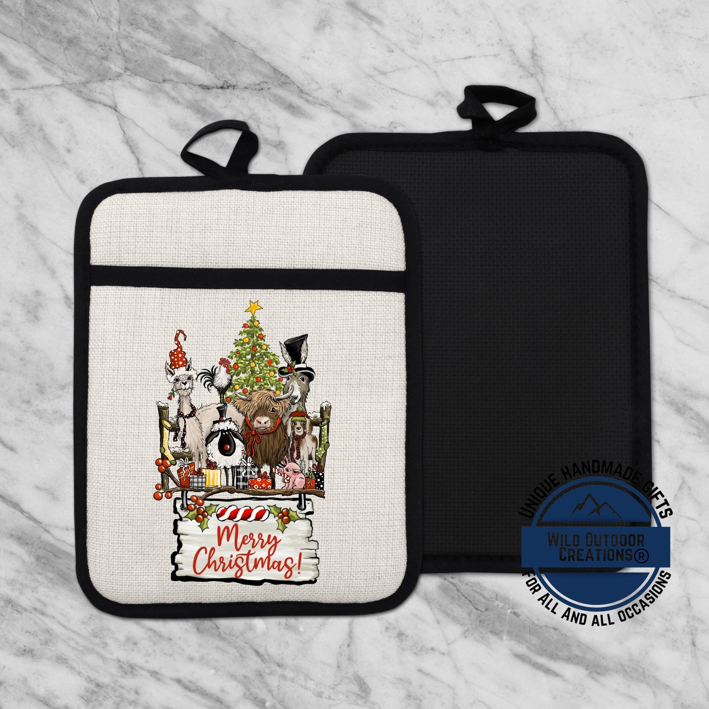 Farmhouse Pot Holder Linen Hot Pad Highland Cow Llama Christmas Kitchen Gift Decor