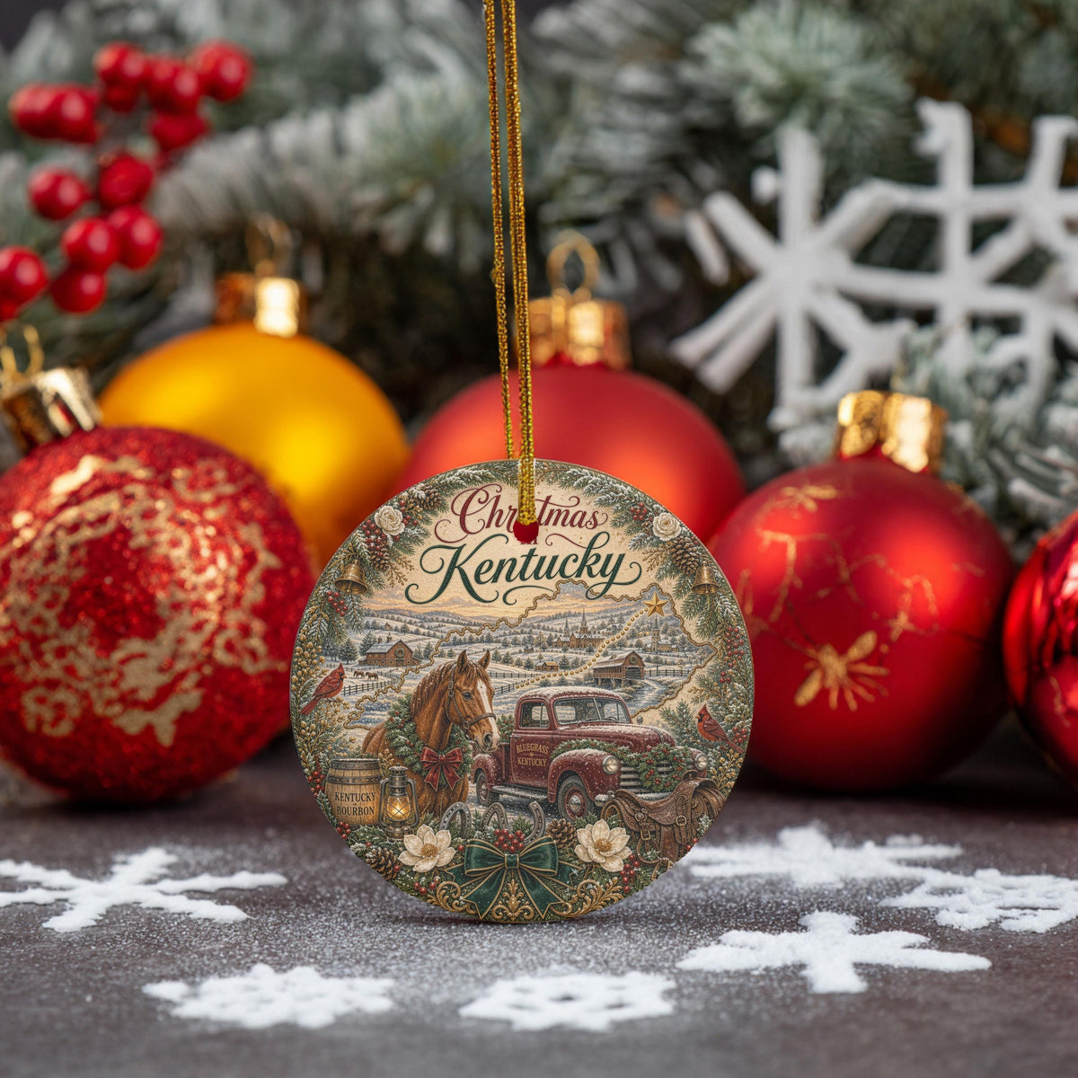 Kentucky Christmas Ornament, Bluegrass Horse Farm Ceramic Round