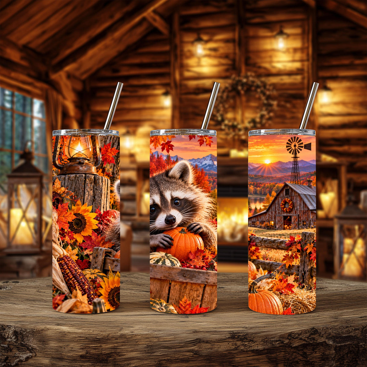 Autumn Tumbler, Raccoon Fall Cup, 20 Oz Skinny, Pumpkin Harvest Art