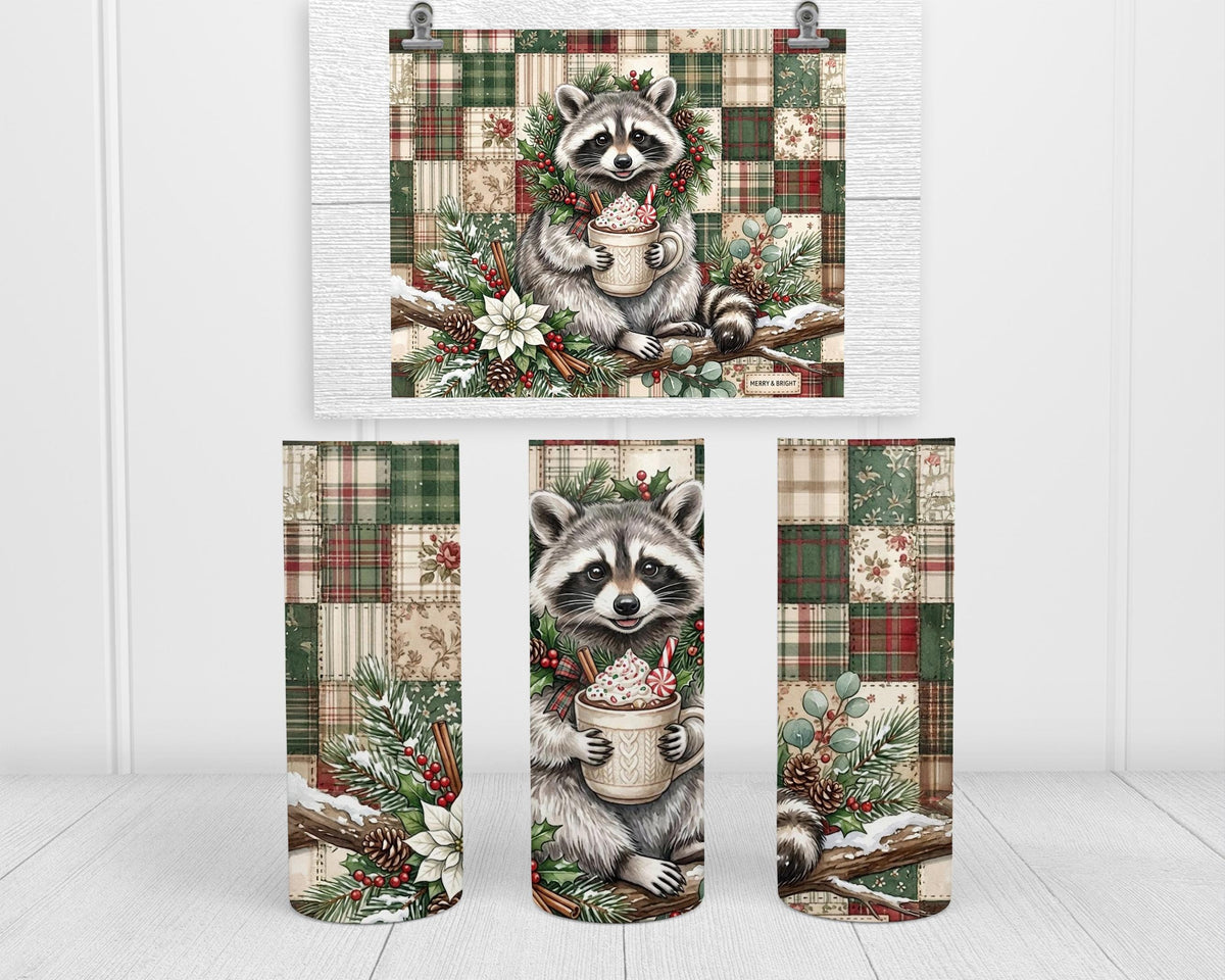 Raccoon Tumbler, 20 Oz Skinny, Plaid Patchwork Hot Cocoa Holiday