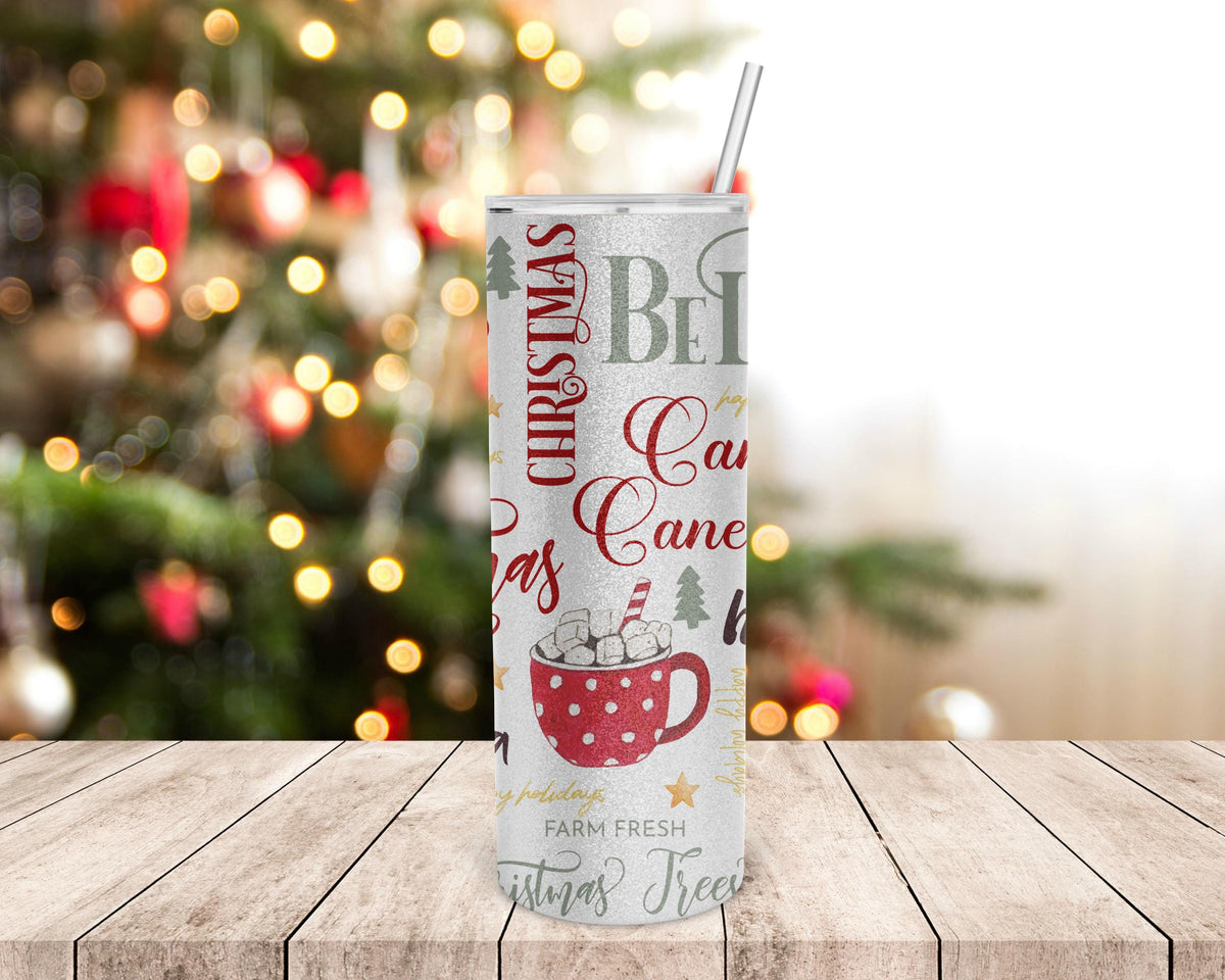 Christmas Tumbler Silver Glitter, Skinny 20 Oz, Santa Snowman Cocoa