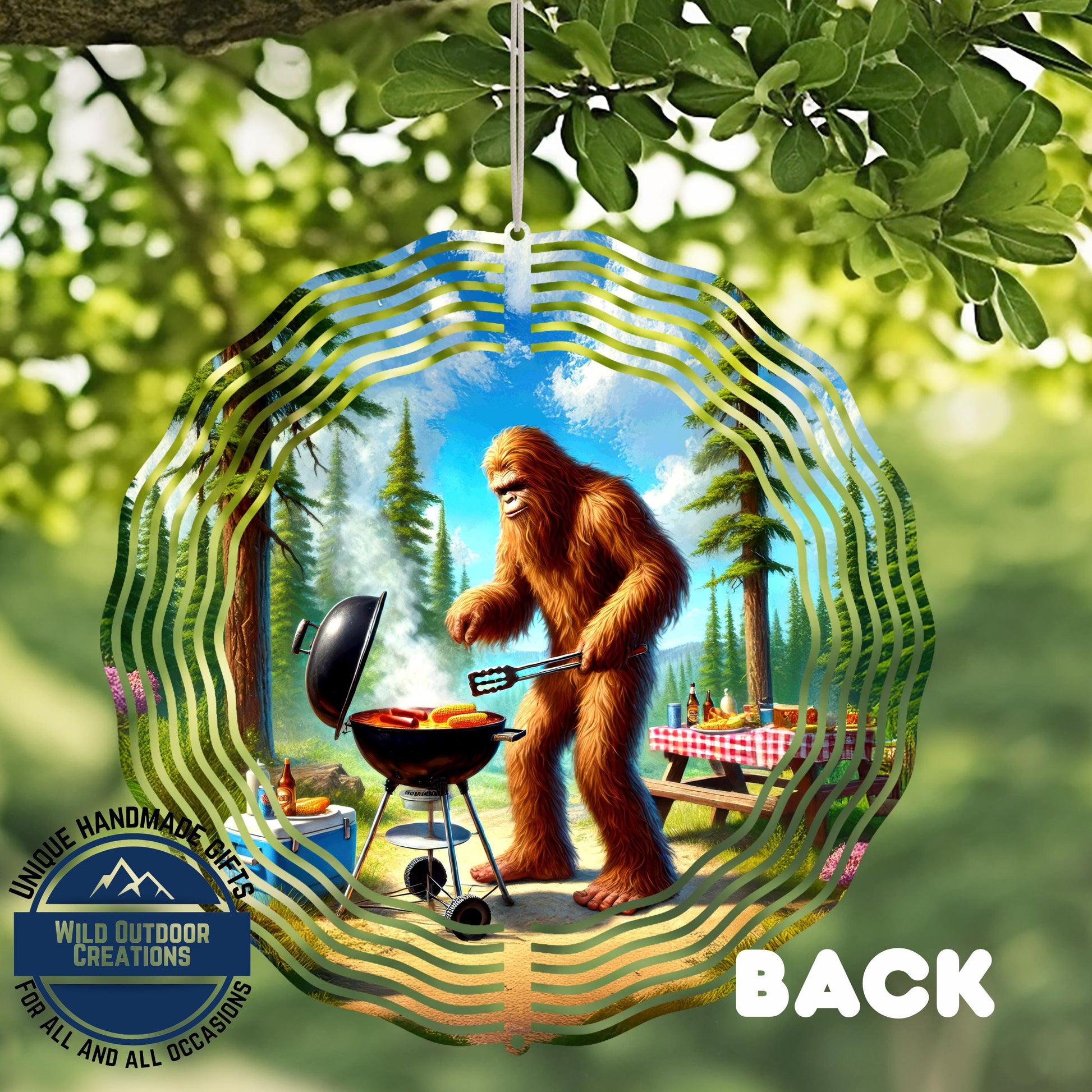Bigfoot BBQ Wind Spinner – Aluminum Outdoor Sasquatch Garden Decor, Funny Grill Gift - front and back