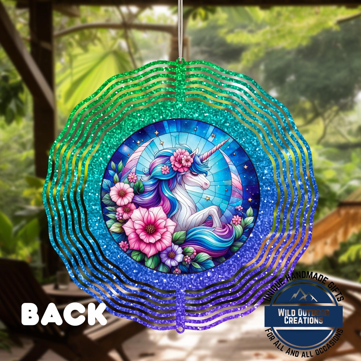 Unicorn Wind Spinner - Double Sided Glitter Ombre 10 Inch Outdoor Decor - product dimensions and specifications