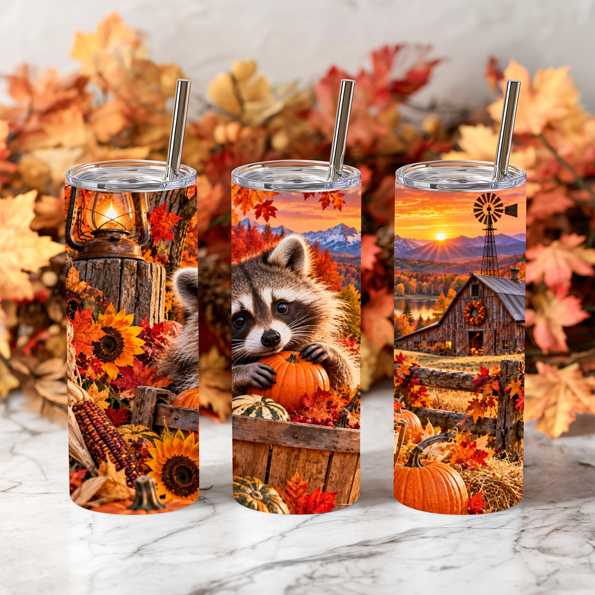 Autumn Tumbler, Raccoon Fall Cup, 20 Oz Skinny, Pumpkin Harvest Art