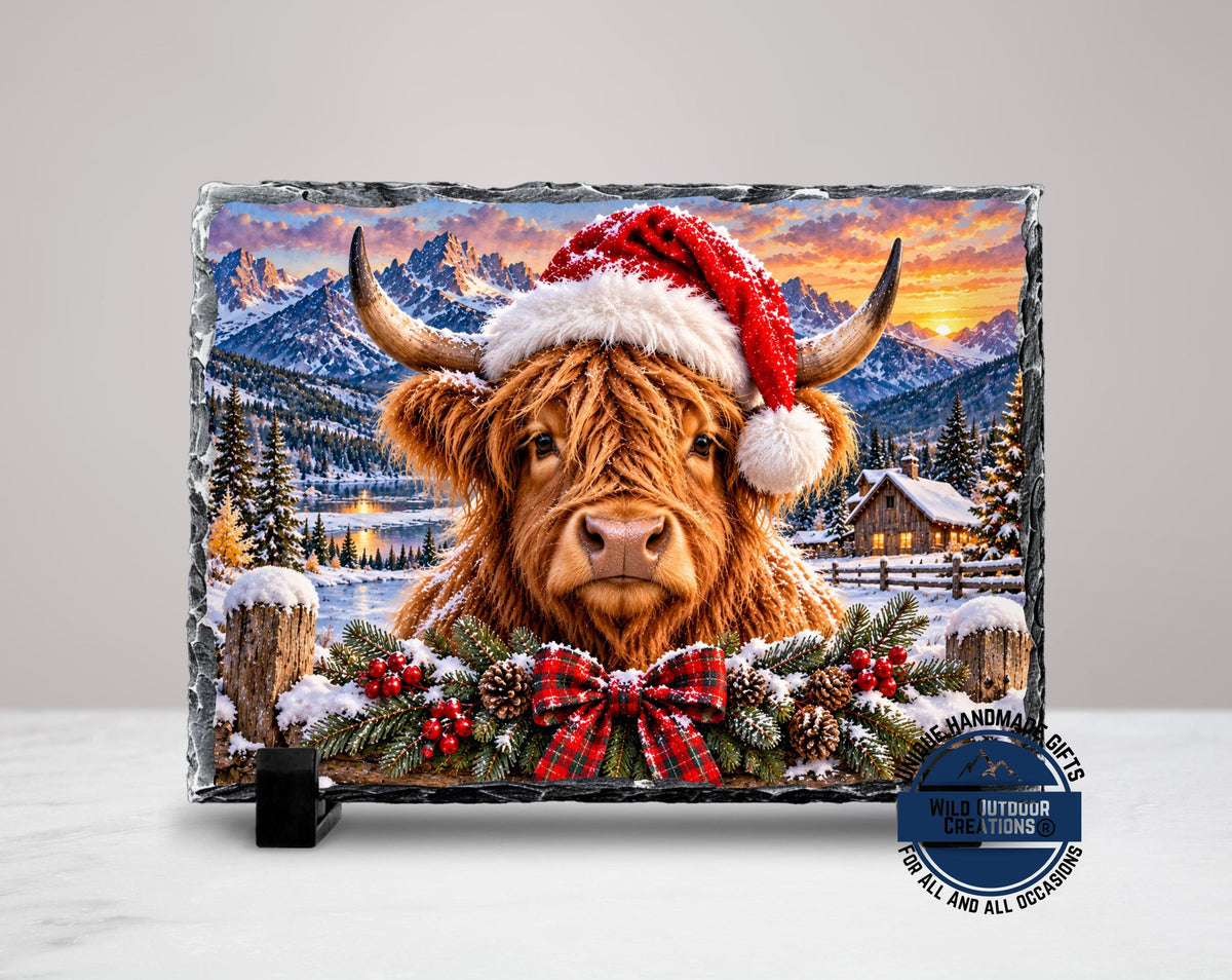 Highland Cow Christmas Slate Plaque, Rustic Farmhouse Holiday Decor, Cow Lover Gift