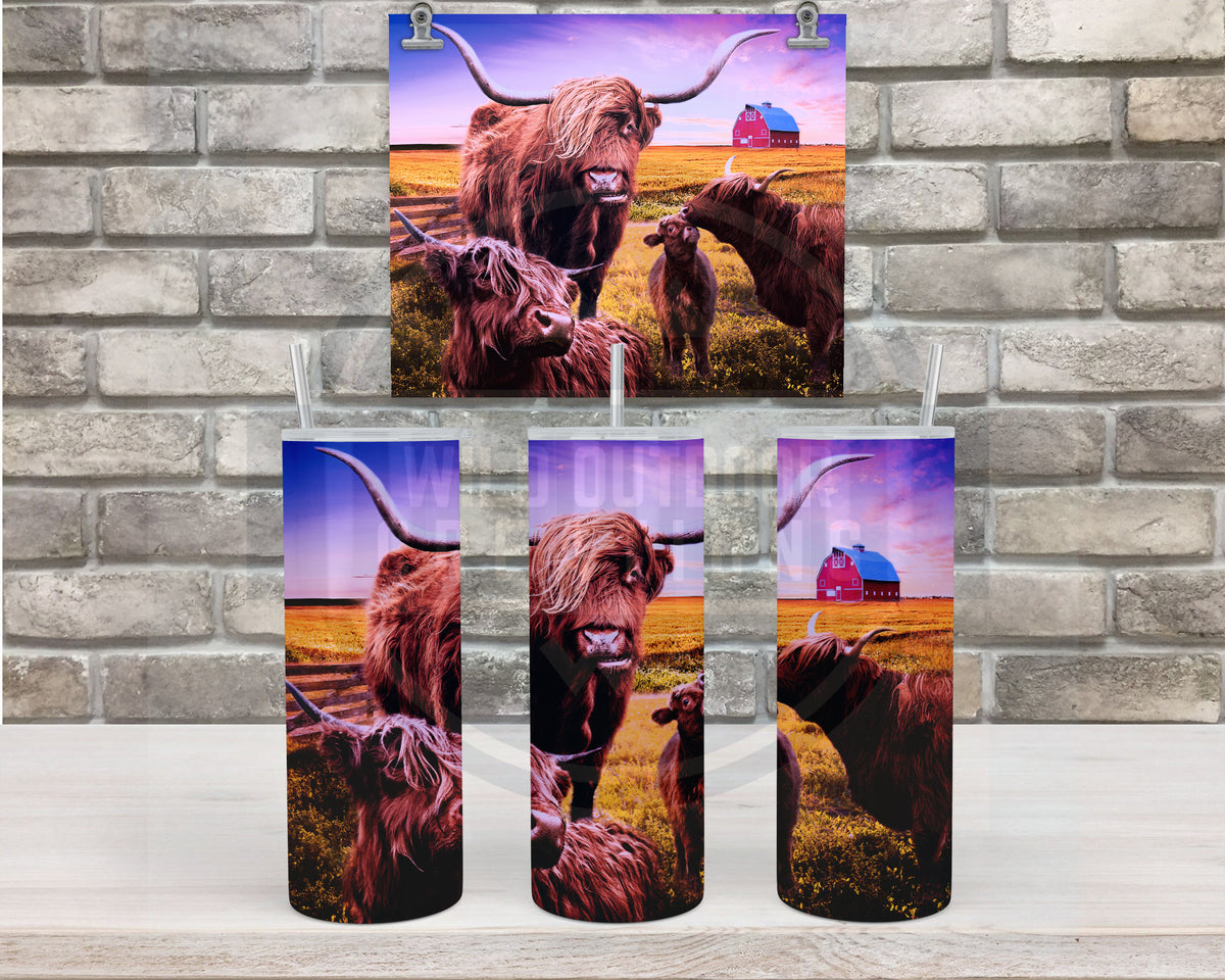 Highland Cow Tumbler, Farm Scene Travel Cup, Stainless Steel, 20Oz