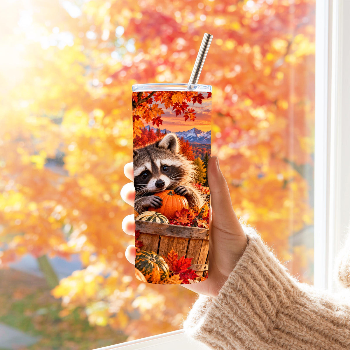Autumn Tumbler, Raccoon Fall Cup, 20 Oz Skinny, Pumpkin Harvest Art