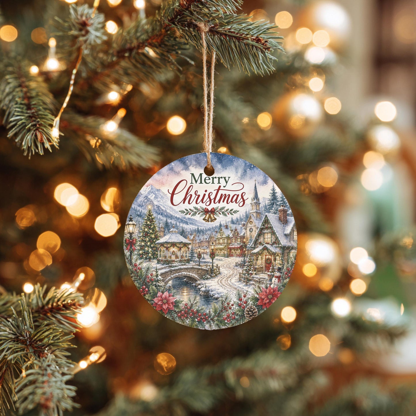 Ceramic Christmas Ornament, Snowy Church Village Scene, 3 Inch Round