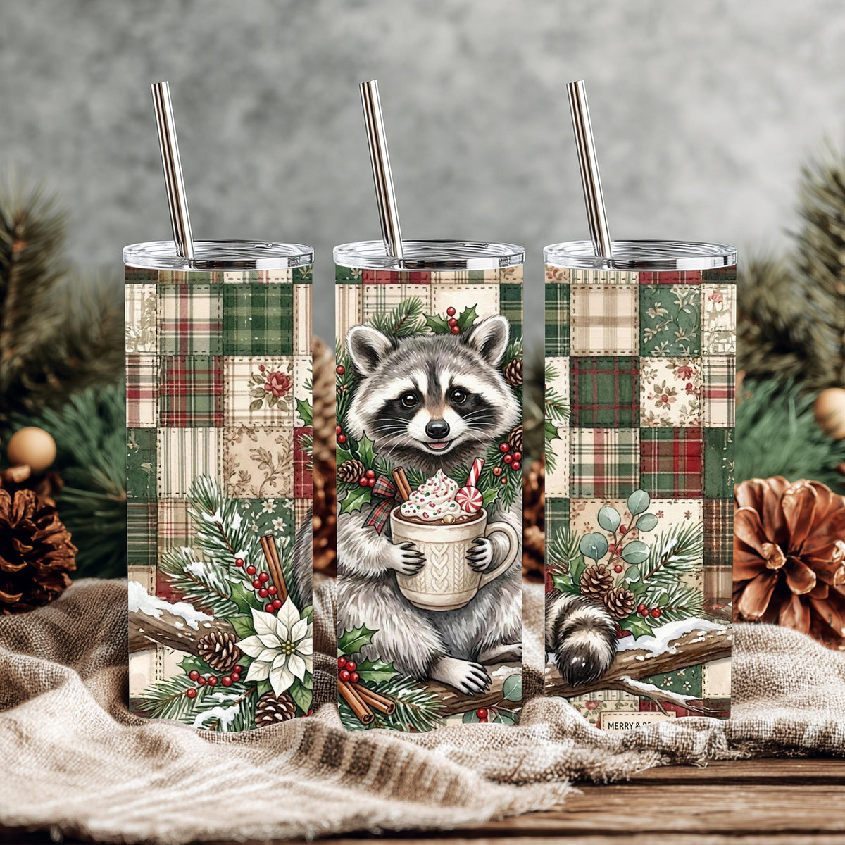 Raccoon Tumbler, 20 Oz Skinny, Plaid Patchwork Hot Cocoa Holiday