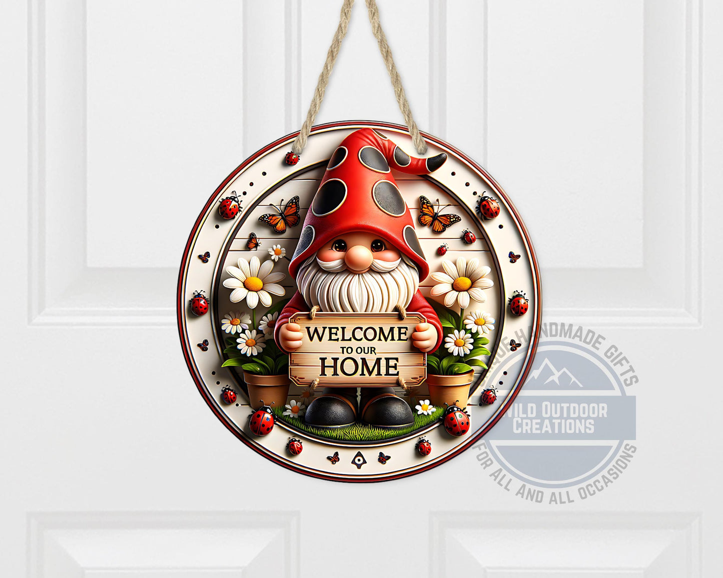 Welcome Gnome Door Hanger - Red Hat Gnome with Daisy & Ladybug Accents - packaging and presentation
