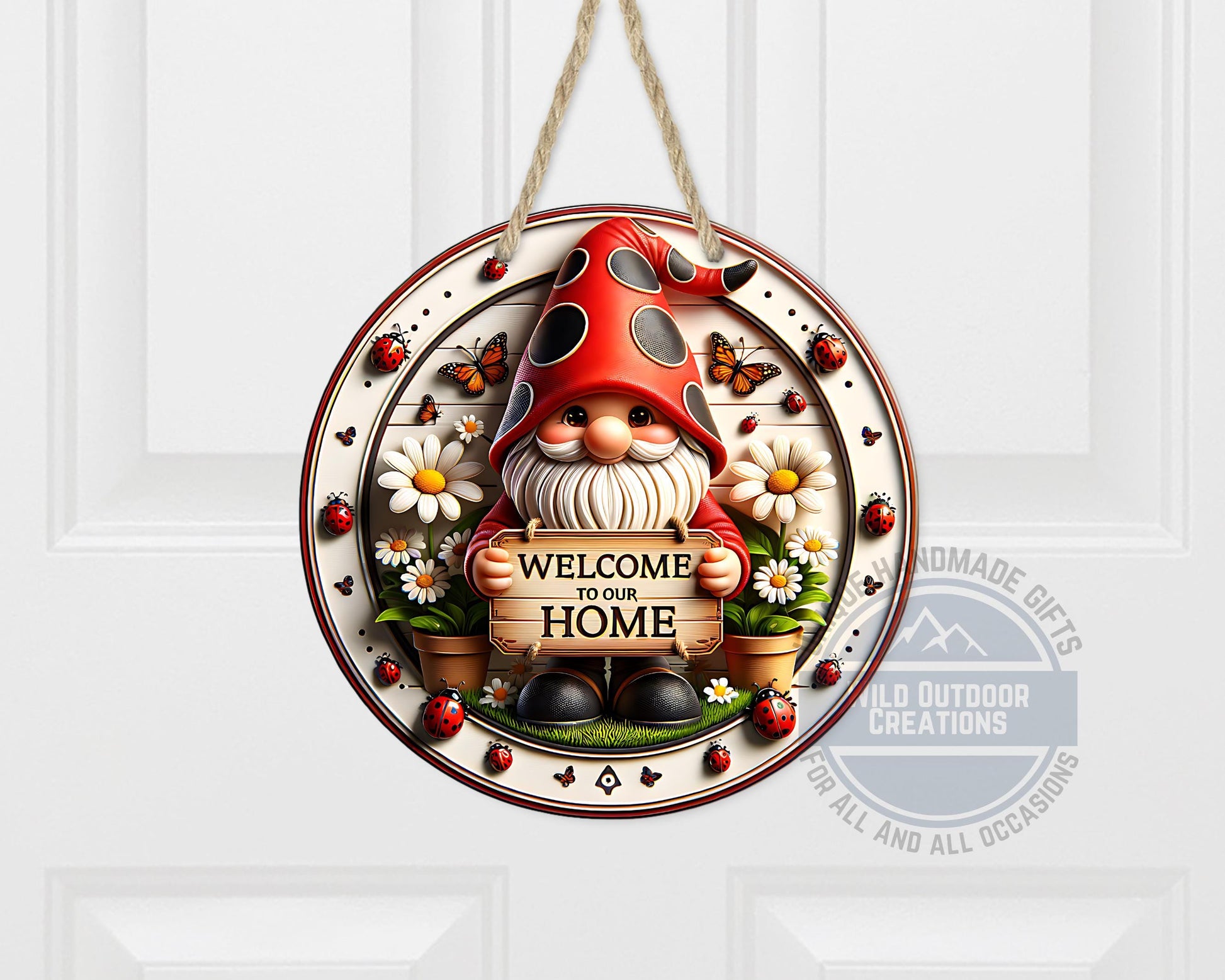 Welcome Gnome Door Hanger - Red Hat Gnome with Daisy & Ladybug Accents - packaging and presentation
