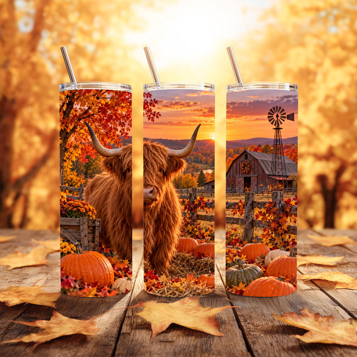 20 Oz Skinny Tumbler, Highland Cow Fall Pumpkin Patch, Red Barn