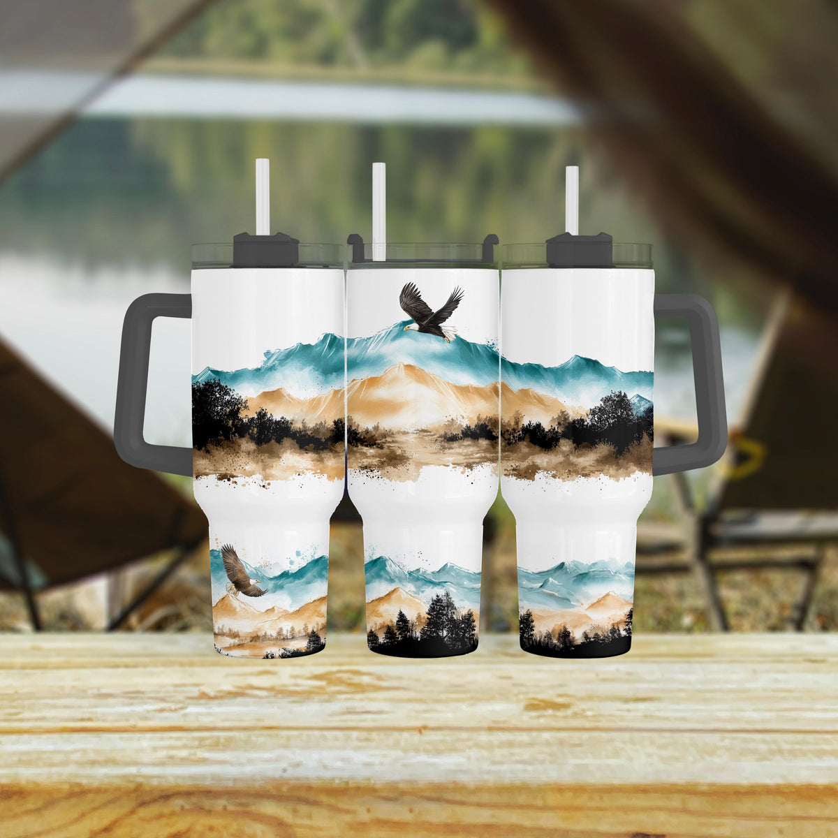 40 Oz Tumbler, Bald Eagle Teal Mountain Watercolor With Handle