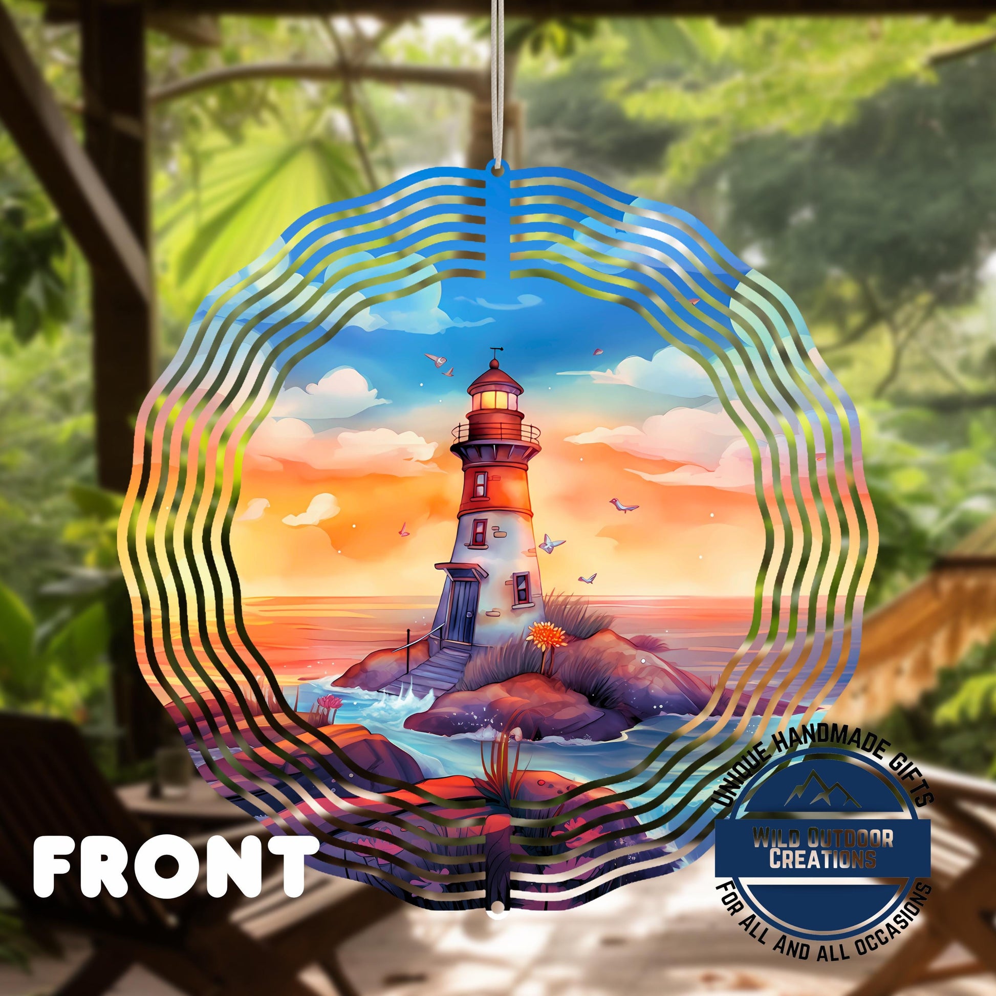 Watercolor Lighthouse Wind Spinner – Coastal Patio Decor with 360 Degree Swivel - gift presentation view